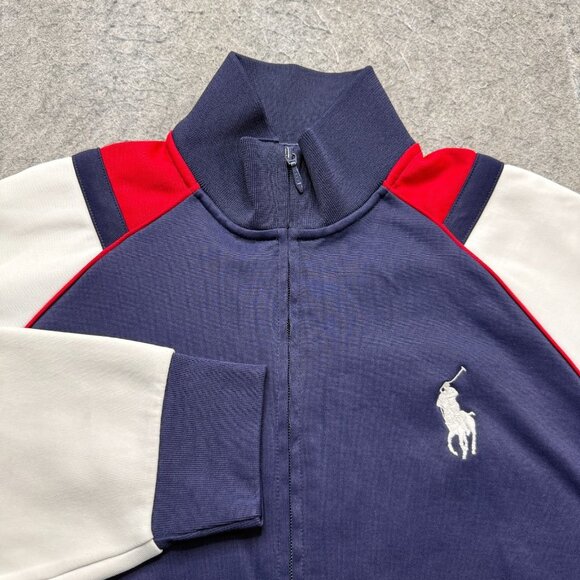 Polo Ralph Lauren Track Jacket Men L Blue White Red Knit Interlock VTG Full Zip - Picture 1 of 14